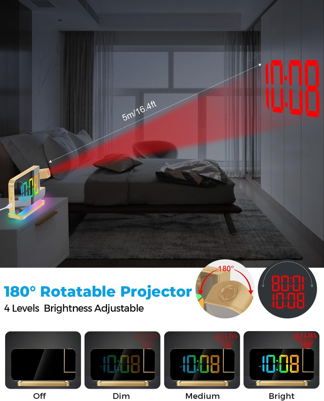 SZELAM Projektion Wecker - LED Spiegel Digitaluhr Grosses Display mit RGB Nachtlicht USB C Ladestati