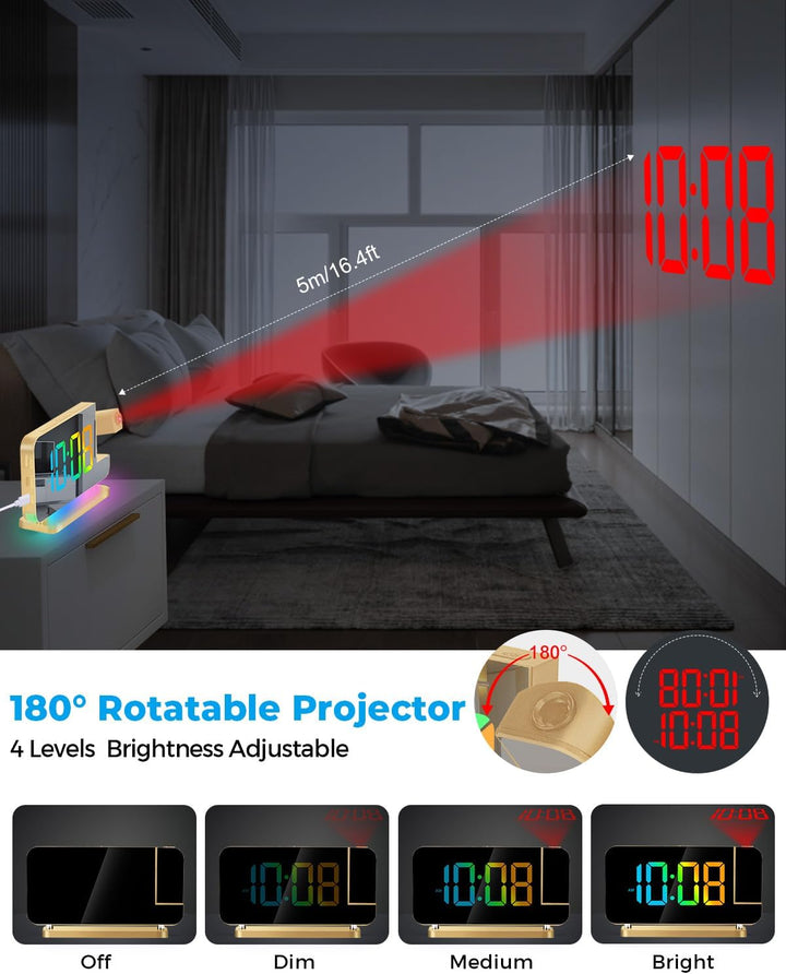SZELAM Projektion Wecker - LED Spiegel Digitaluhr Grosses Display mit RGB Nachtlicht USB C Ladestati