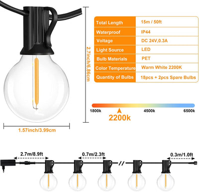 LED Lichterkette Aussen - 15M / 50FT Lichterkette Aussen Wetterfest mit 20 Warmweisse G40 Glühbirnen