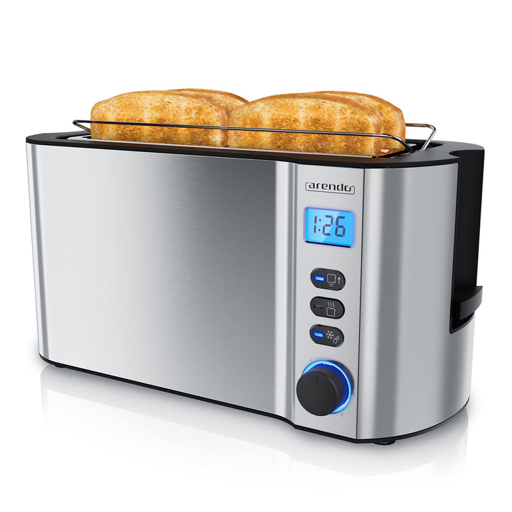 Arendo - Toaster Edelstahl Langschlitz 4 Scheiben - Doppelwandgehäuse - Integrierter Brötchenhalter