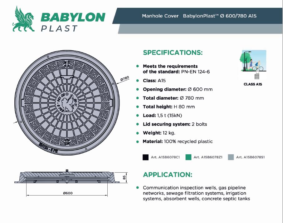 BABYLONPLAST Schachtabdeckung, Kanaldeckel DN600/780, Deckel Kunststoff Schachtdeckel A15, mit Siche