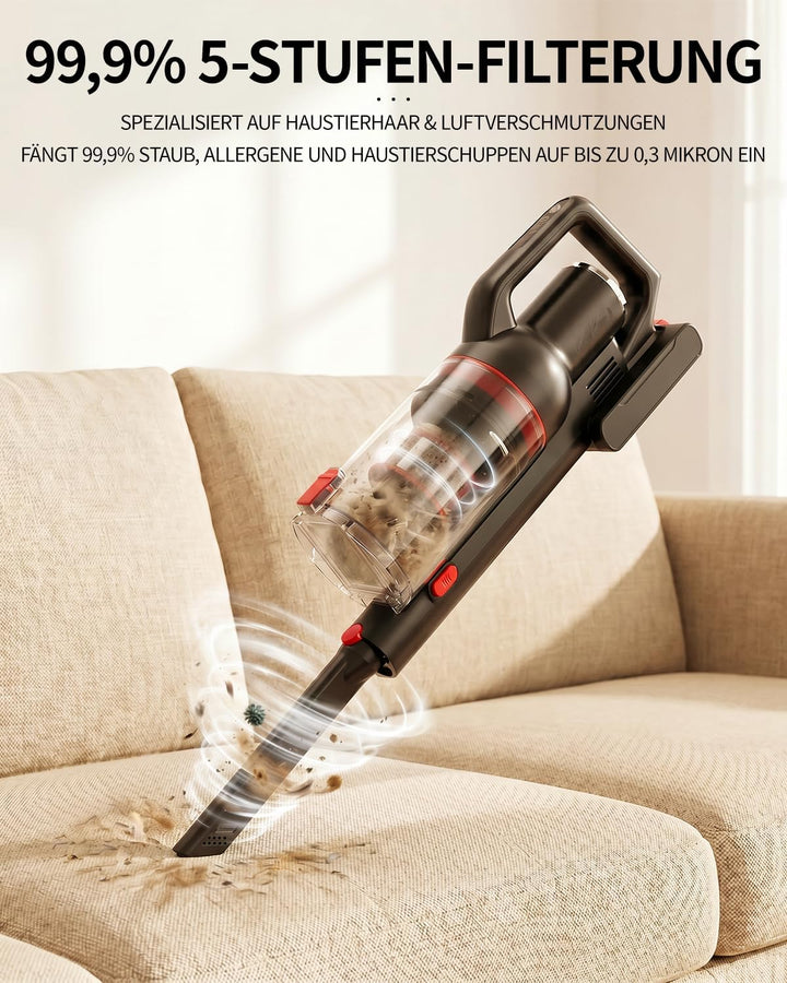 Akku Staubsauger Kabellos – 40KPa/500W/50 Min, 1L kabelloser Staubsauger mit V-förmiger Anti-Tangle-