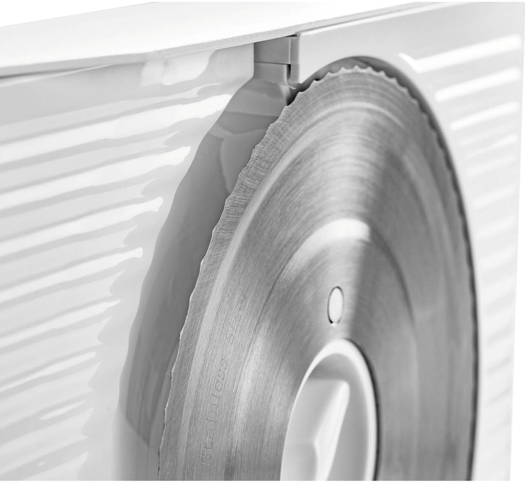 GOURMETmaxx Allesschneider 150W Weiss | Elektrisch mit Edelstahl-Klinge & Fingerschutz | Für Brot, W