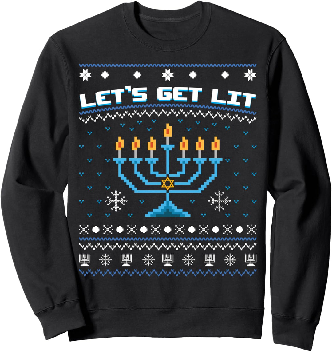 Let's Get Lit Ugly Christmas Sweater Menorah Happy Hanukkah Sweatshirt