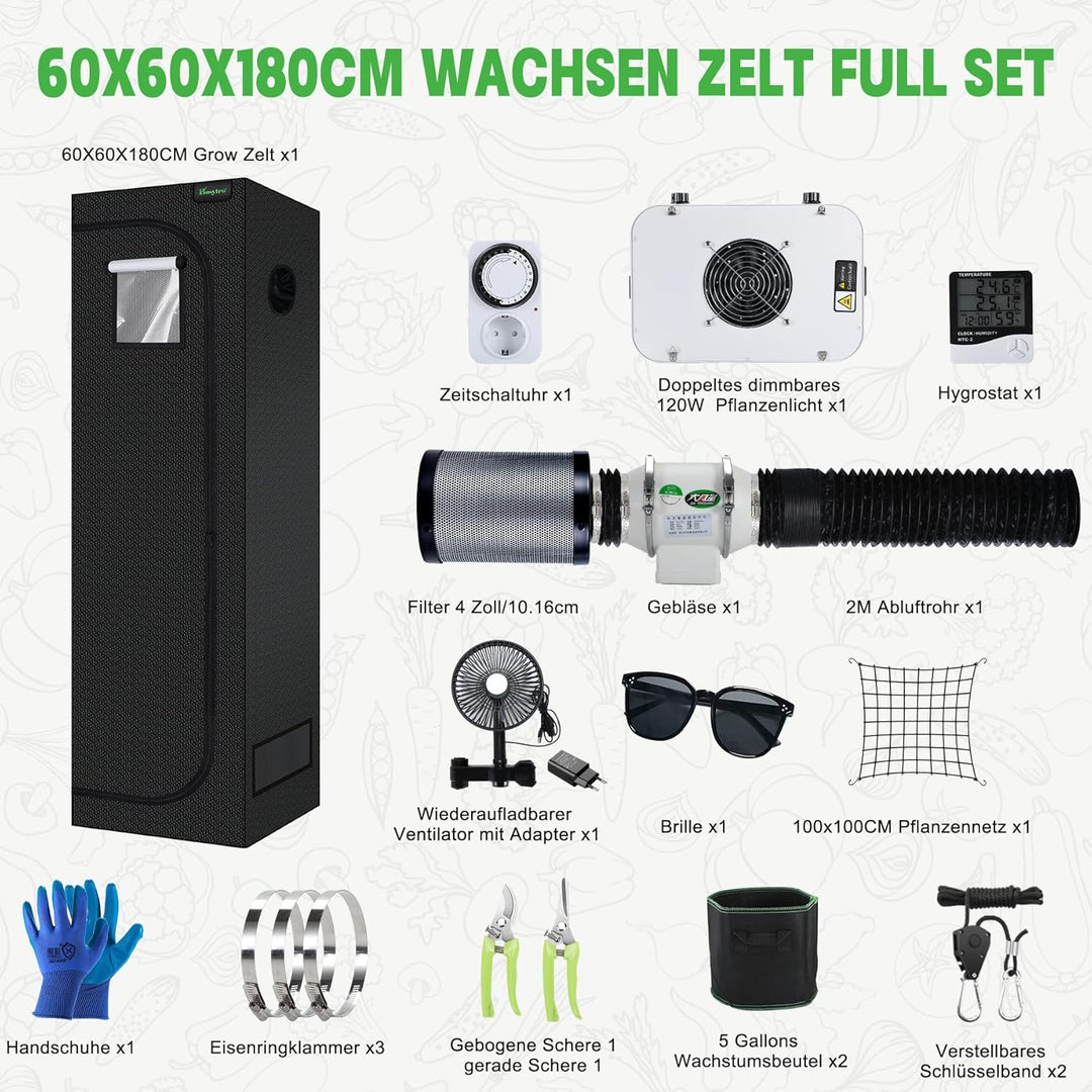 Grow Set Komplettset, Led Grow Tent Kit,120W LED Grow Lampe Vollspektrum,Komplettes Hydroponics 600D