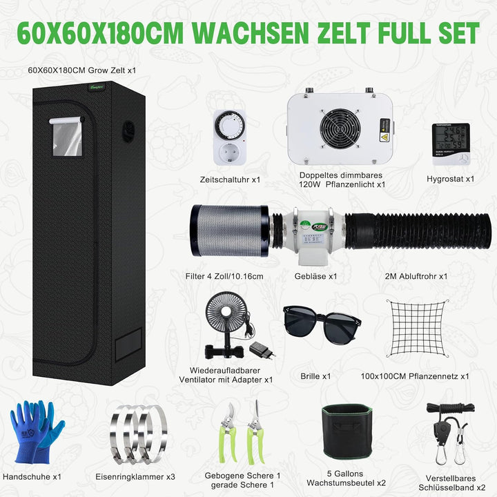 Grow Set Komplettset, Led Grow Tent Kit,120W LED Grow Lampe Vollspektrum,Komplettes Hydroponics 600D