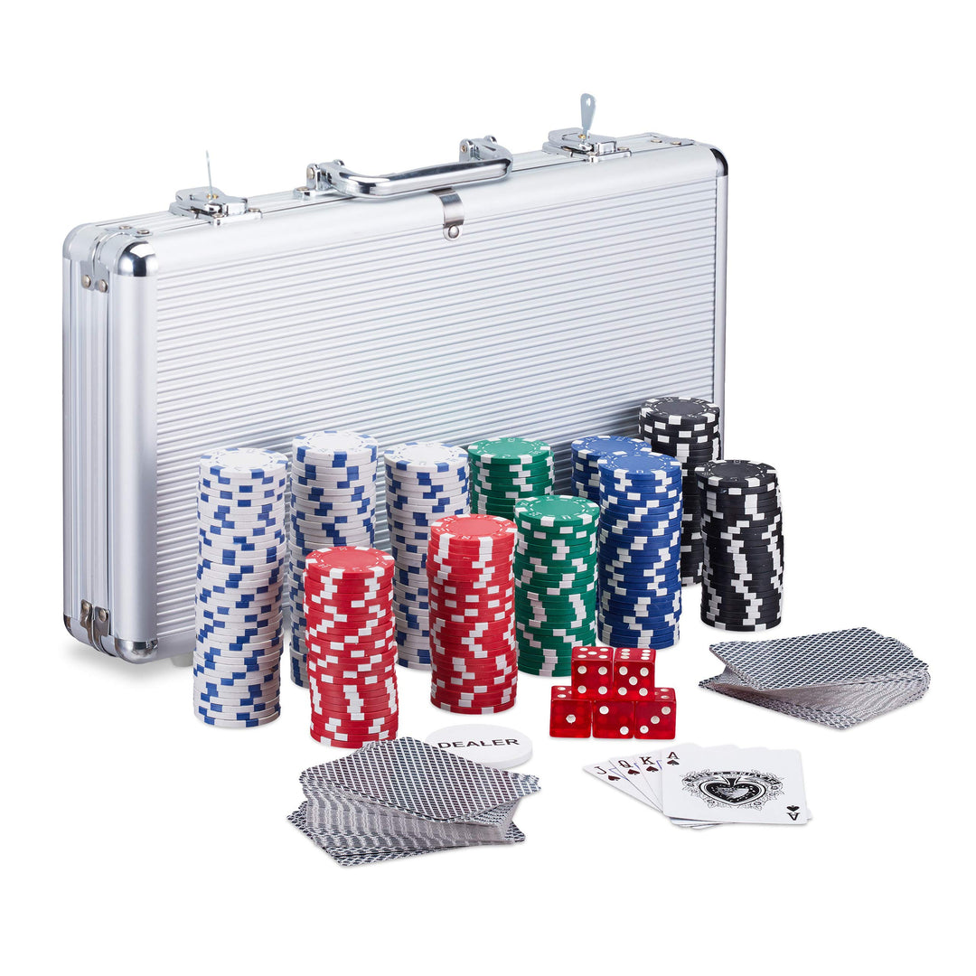 Relaxdays Pokerkoffer, 300 Laser Pokerchips, 2 Kartendecks, 5 Würfel, Dealer Button, Aluminiumkoffer
