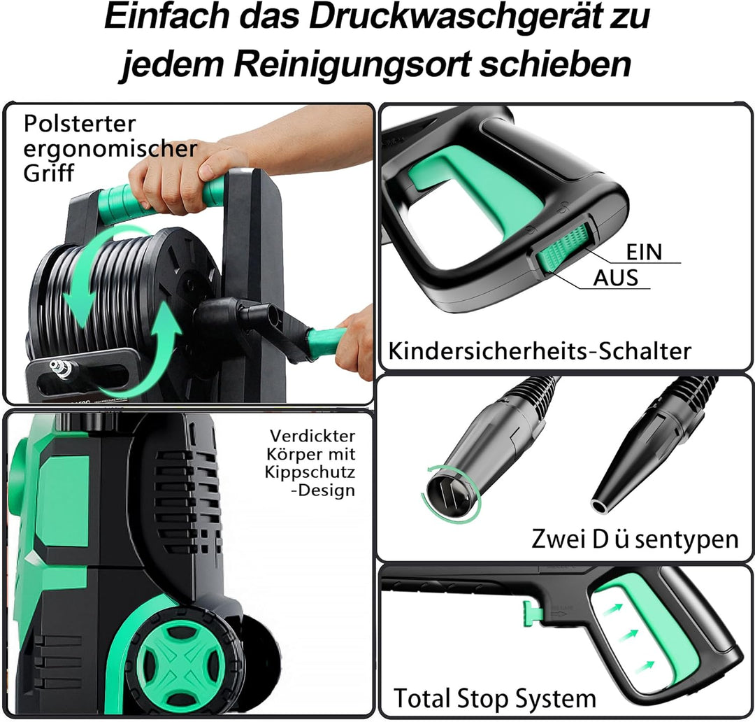 Hochdruckreiniger 200 Bar, Touchscreen 8-stufiger, 6-in-1-Düse, Druck: 100-200bar, Fördermenge: 280-
