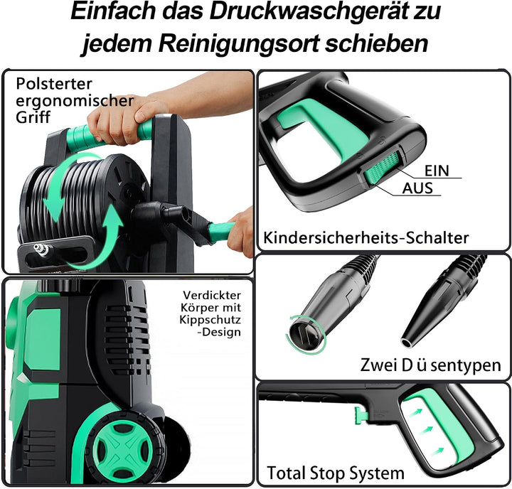 2026New Hochdruckreiniger Touchscreen 8-stufiger 200 Bar, 6-in-1-Düse, 90cm Gerätehöhe, Einstellbare