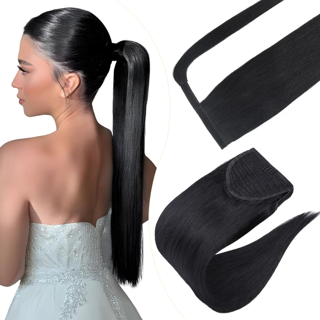 Elailite Ponytail Extension Echthaar #1 Schwarz, Haarverlängerung Zopf Haarzopf Pferdeschwanz Haarte