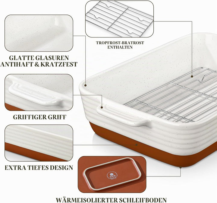 MALACASA, Serie TARA, Auflaufform Gross, Auflaufform mit Rost, 4.5L Backformen, Auflaufformen rechte