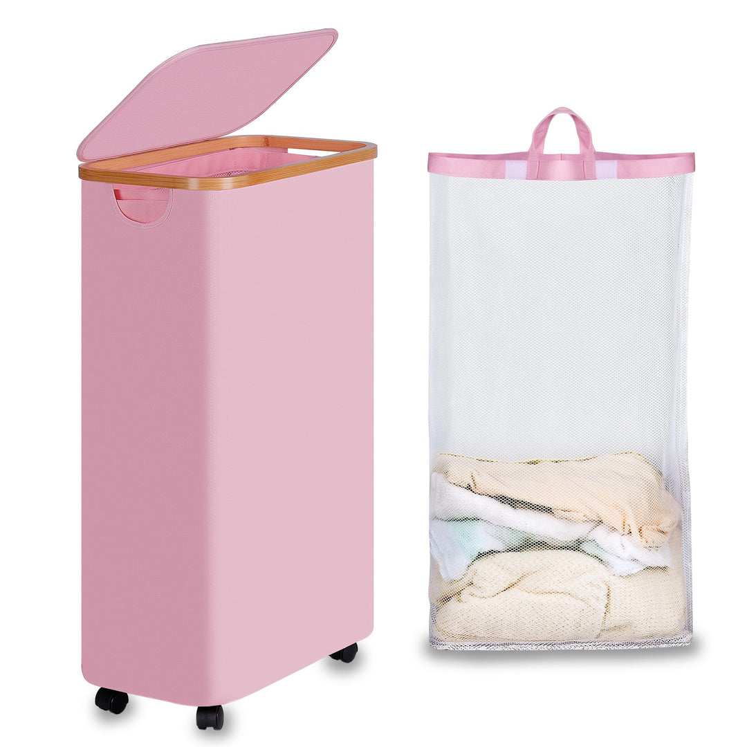 efluky Wäschekorb mit Rollen, 75L Faltbarer Wäschekorb mit Deckel, Rosa Schlanker Wäschebehälter mit