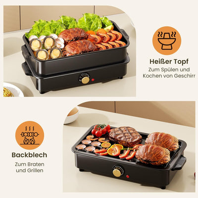 Elektrische Fertigkeit für Grill und Hotpot mit Tragetasche, 1400W,2-in-1 Multifunktionspfanne Elekt