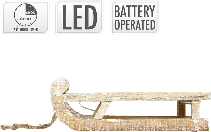 ECD Germany Deko Schlitten aus Holz mit 25 Warmweissen LEDs, 31,5x14,5x10,5 cm, Braun-Natur, Batterr