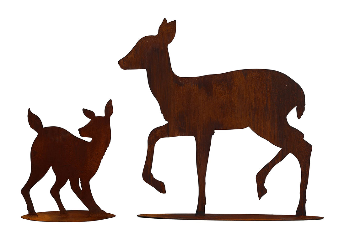 2er Set REH gehend 56cm mit Rehkitz zurück schauend 37cm Hirsche Kitz Geweih Rehe Rost Edelrost Meta