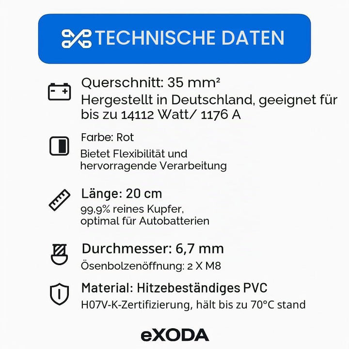 Exoda Batteriekabel 35 mm² 20cm M8 Rot flexibel 99 Prozent Kupfer Auto Boot Motorrad optimale Stromü