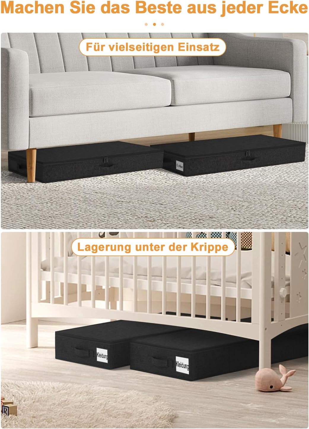 Huquter Unterbettkommode 2 Stück, Faltbare Stoff-unterbett Aufbewahrung, Doppelreissverschluss & 3 V