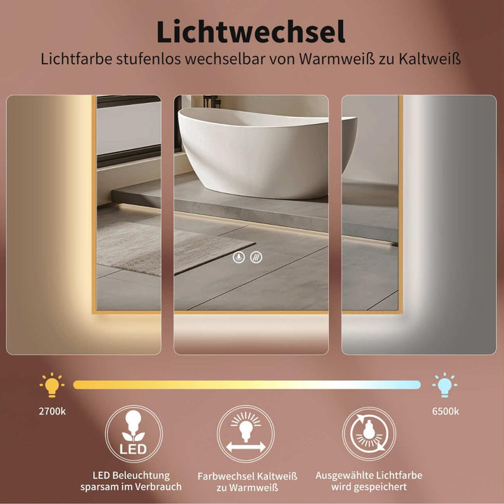 HOKO® LED Badspiegel Bogen Beschlagfrei 50x90 cm / 90x50 cm San Diego mit Goldener Metallrahmen, HOC