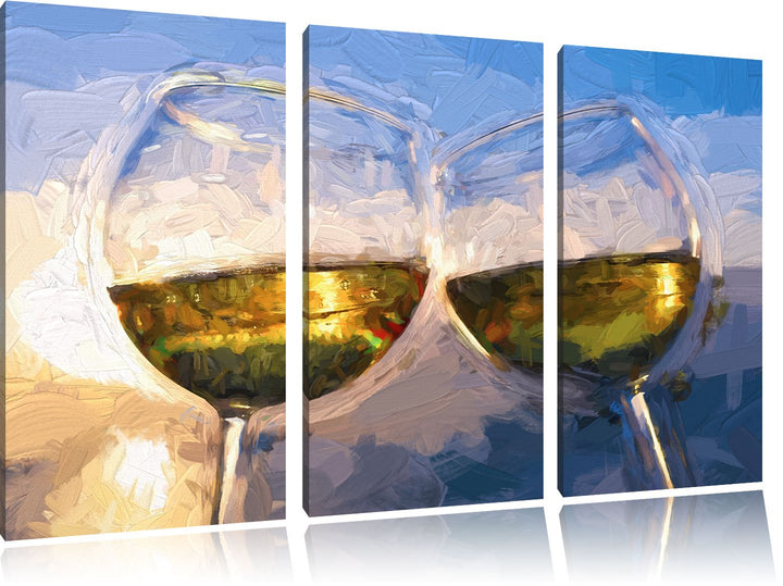 Pixxprint Weingläser im Sonnenuntergang am Meer Pinsel Effekt 3-Teiler Leinwandbild 120x80 Bild auf