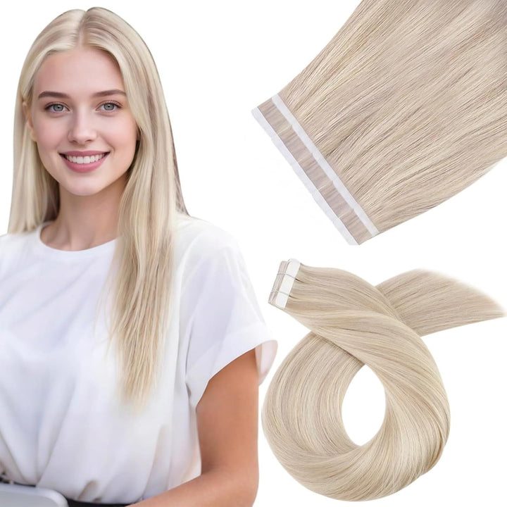 Moresoo Tape in Extensions Echthaar Blond 50 cm Haarverlängerung Echthaar Tapes in Aschblond mit Ble