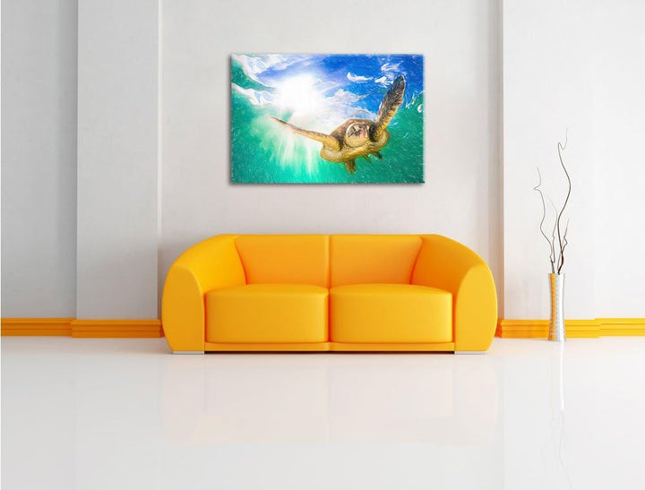 Pixxprint Meeresschildkröte / 100x70cm Leinwandbild bespannt auf Holzrahmen/Wandbild Kunstdruck Deko