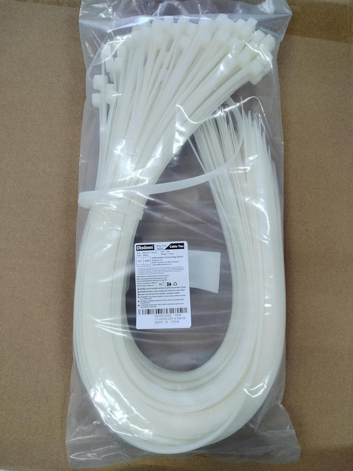 Oksdown 760mm × 7,6mm Breit 100 Stück Stark Kabelbinder mit 55 kg Zugfestigkeit weiss UV-Beständig G