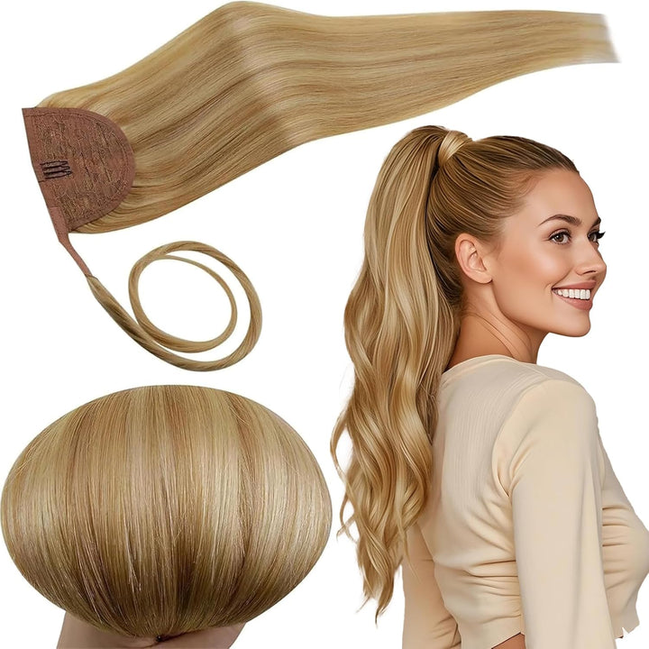 RUNATURE Zopf Extensions Echthaar Goldblond mit Hellblond Ponytail Echthaar Extensions Blond Pferdes