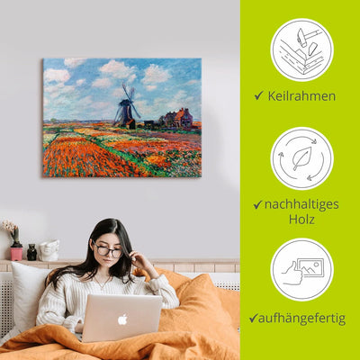 ARTland Leinwandbilder Wandbild Bild auf Leinwand 80x60 cm Wanddeko Idyll Dorf Windmühle Blumen Tulp