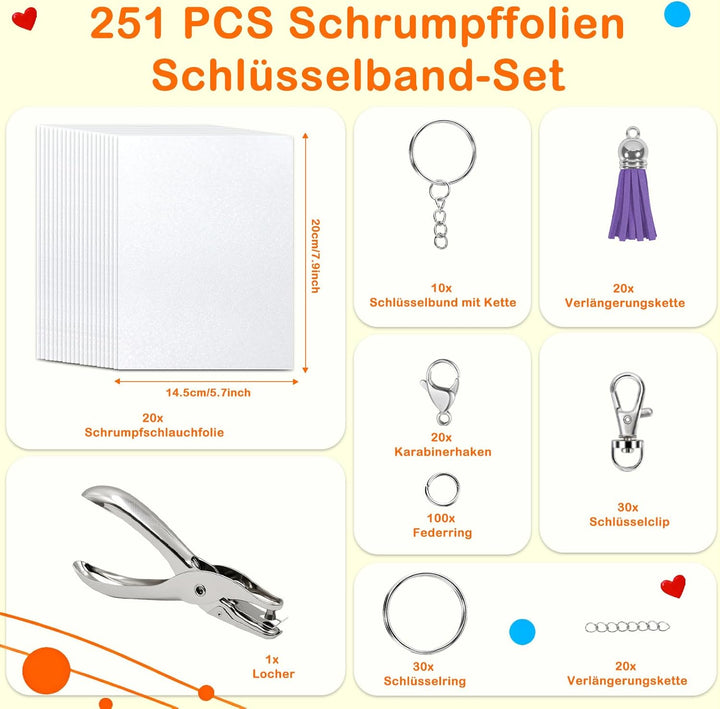 251er Set Schrumpffolie Schlüsselanhänger Mit Schrumpffolie A5 – Für DIY, Basteln Für Teenager, Schl