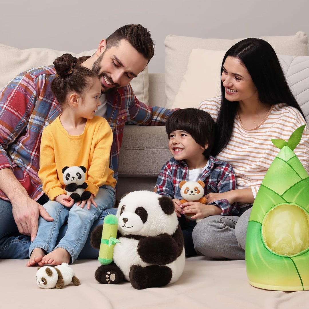 OUOZZZ 5 Stück Panda Kuscheltier und Bambus-Tasche, 25cm Weich Panda Plüschtier mit 3 Baby im Bauch