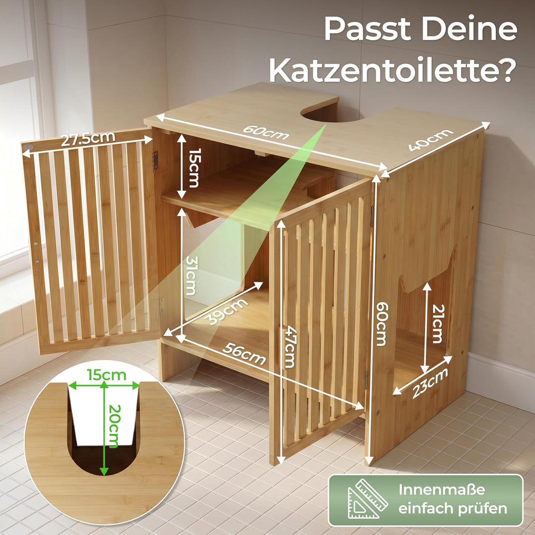 WOOWOOD Katzenklo Waschbeckenunterschrank aus Bambus - Extrem Feuchteresistent - Katzenklo Schrank -