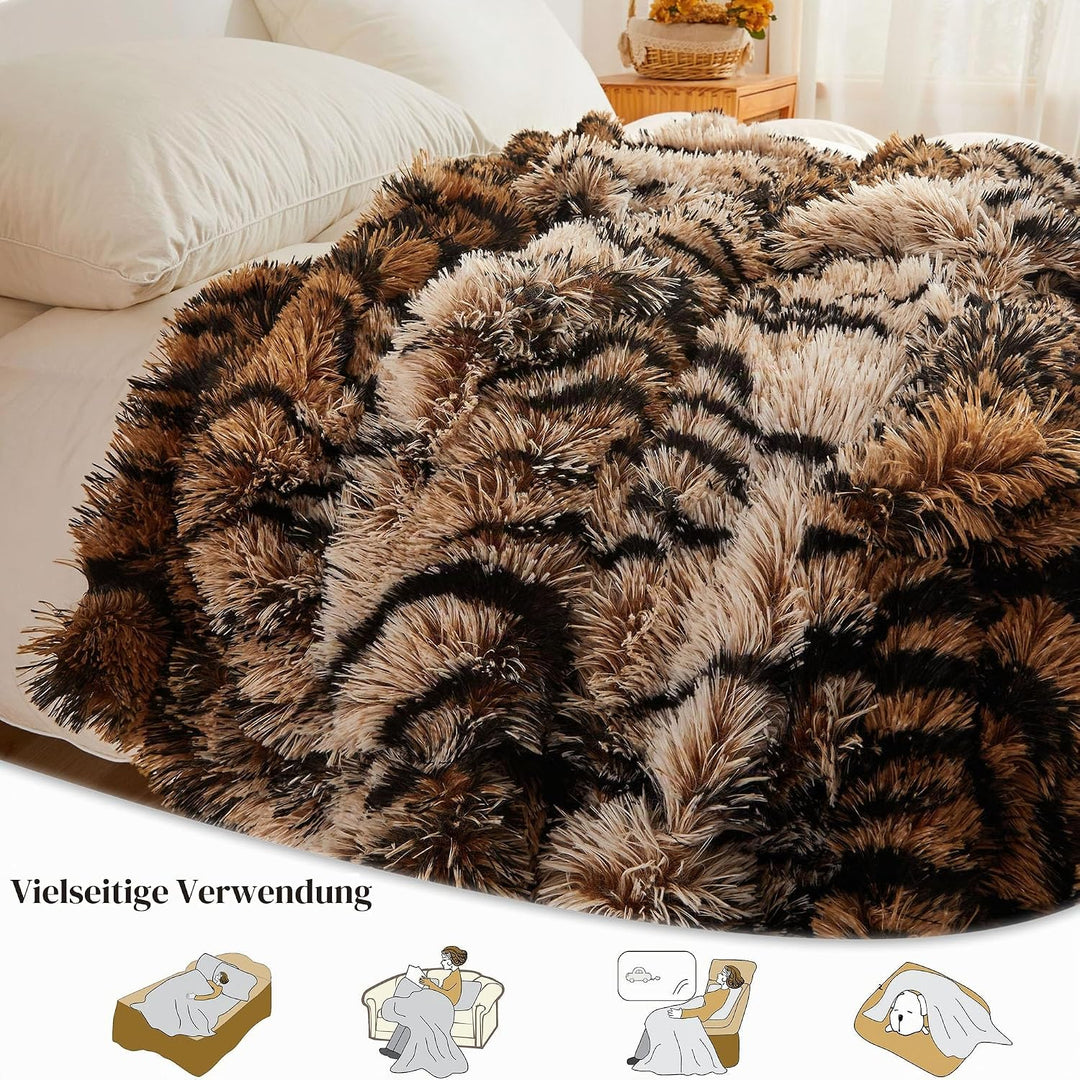 XeGe Luxus Kunstfell-Tigermuster-Decke, Weiche 127x152 cm Tigermuster Flauschige Decke, Schilfartige
