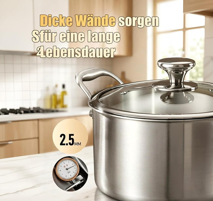 Edelstahl Suppentopf 26 cm - 4.5 Liter - Mit Glasdeckel - Induktionsgeeignet - PFAS-frei - Spülmasch