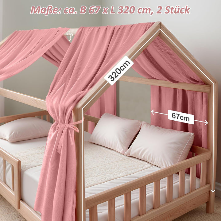 Hook Hausbett Himmel Deko Set, Betthimmel Hausbett aus Musselin - 2 Betthimmel &amp; 1 Wimpelkette, für