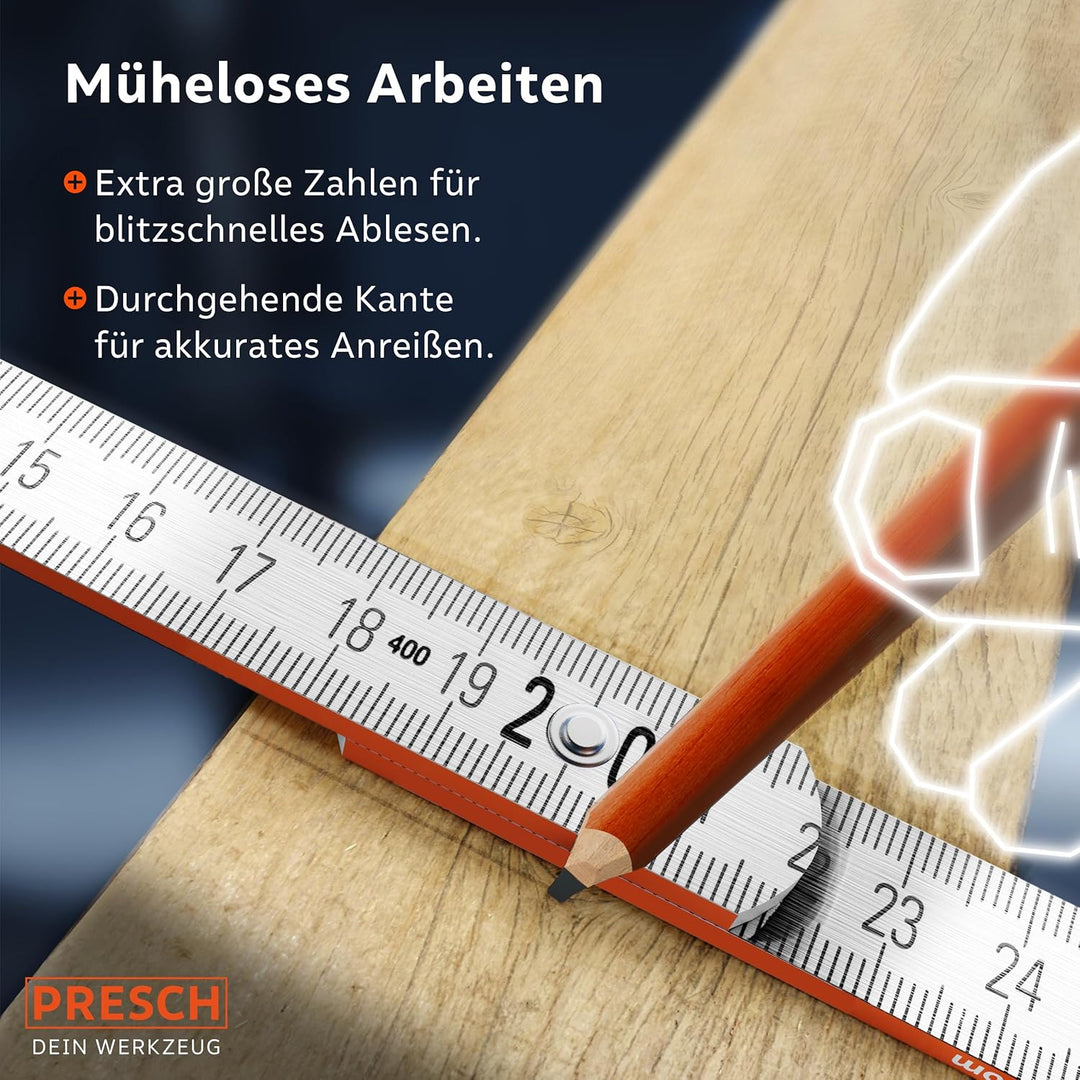 Presch Zollstock 3m mit Winkelfunktion - Holz - Orange - Grosse & sehr gut lesbare Zahlen - Exaktes