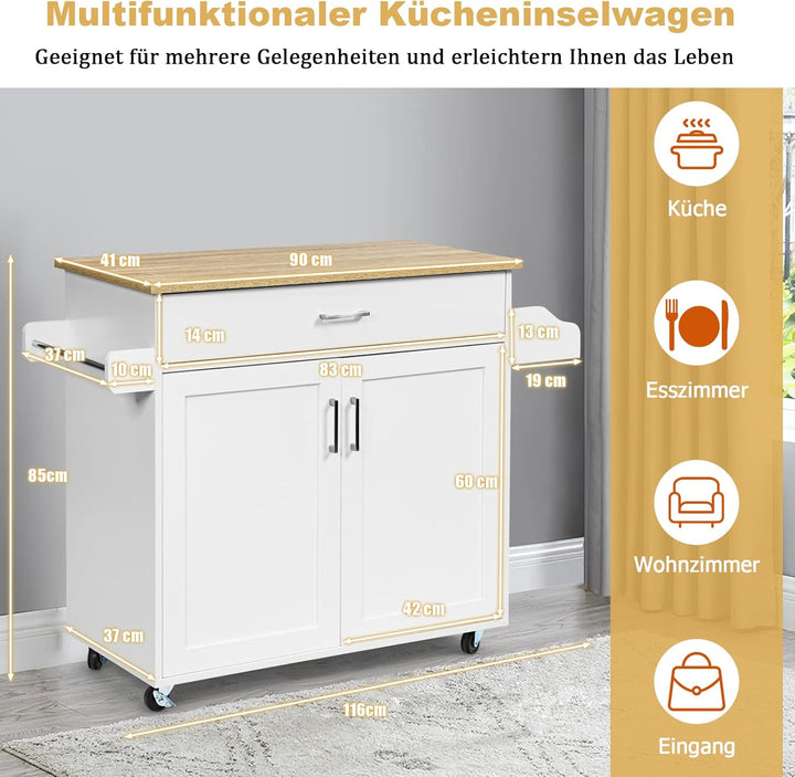 GOPLUS Servierwagen mit Schublade & Schrank, Rollbarer Küchenwagen, Beistellwagen mit Verstellbarer