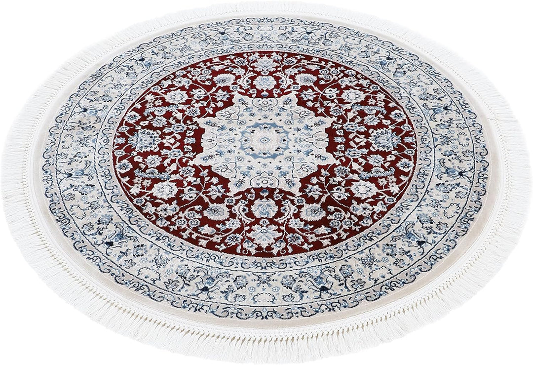 carpetfine Orientteppich Nain Diane Rot Ø 120 cm Rund | Tradtioneller Teppich für Schlaf- und Wohnzi