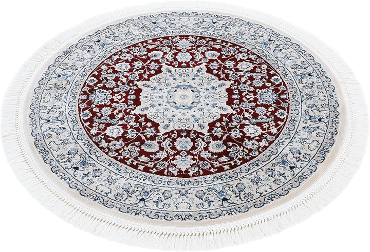 carpetfine Orientteppich Nain Diane Rot Ø 120 cm Rund | Tradtioneller Teppich für Schlaf- und Wohnzi