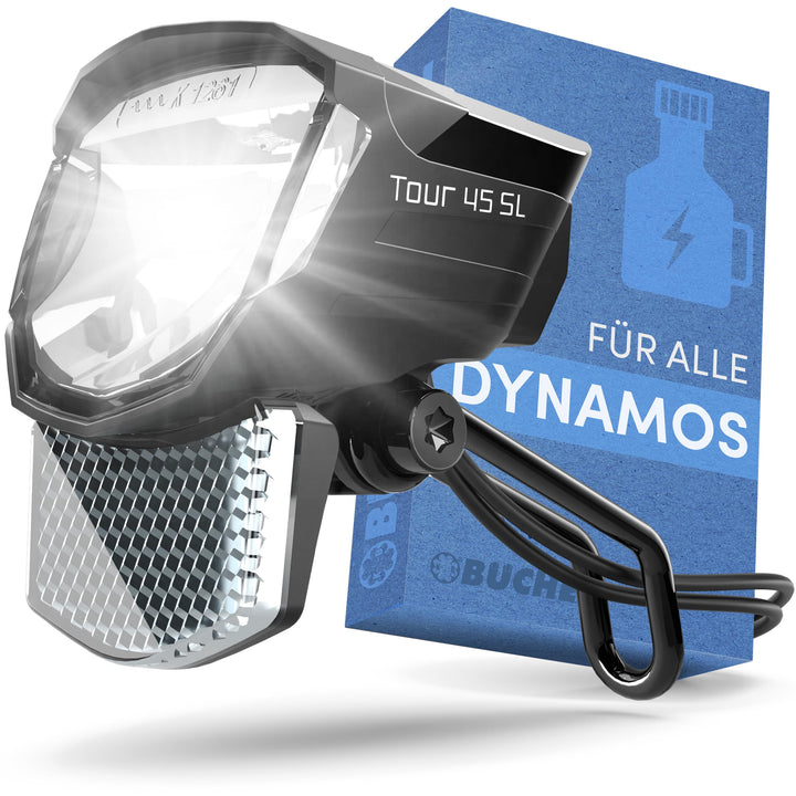 BÜCHEL Tour Dynamo Lampe mit Standlicht und StVZO Zulassung I 45 LUX Fahrradlampe vorne, LED Standli