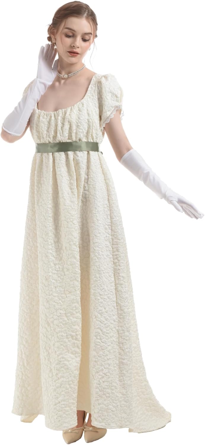FCCAM Damen Regency Kleid Jane Austen Lange Vintage Kleid Viktorianische Ballkleid mit Handschuhen E