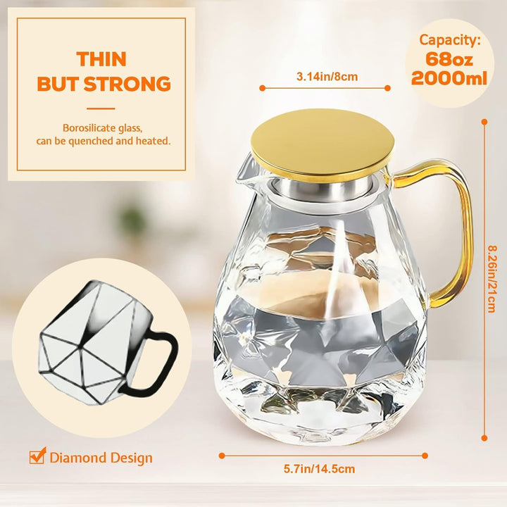 DUJUST Glaskaraffe mit goldenem Deckel 2 Liter, Wasserkaraffe im Modernen Diamant Design, Glaskrug m