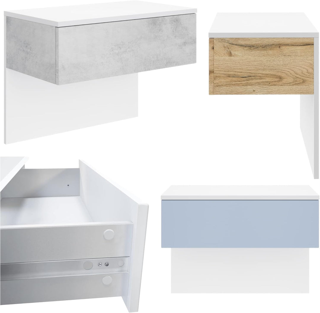 Vladon Nachttisch Sleep, Nachttischschrank mit Schublade zur Wandmontage, Weiss matt/Sandgrau Hochgl