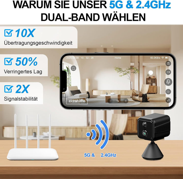 iPalamila Mini Kamera, Kamera Überwachung Innen WLAN 2,4/5 GHz, 2K HD Akku Überwachungskamera mit Be