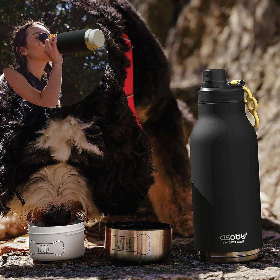 ASOBU - Dog Bowl Buddy - Edelstahlflasche mit 2 Näpfen Schwarz Schwarz., Schwarz.