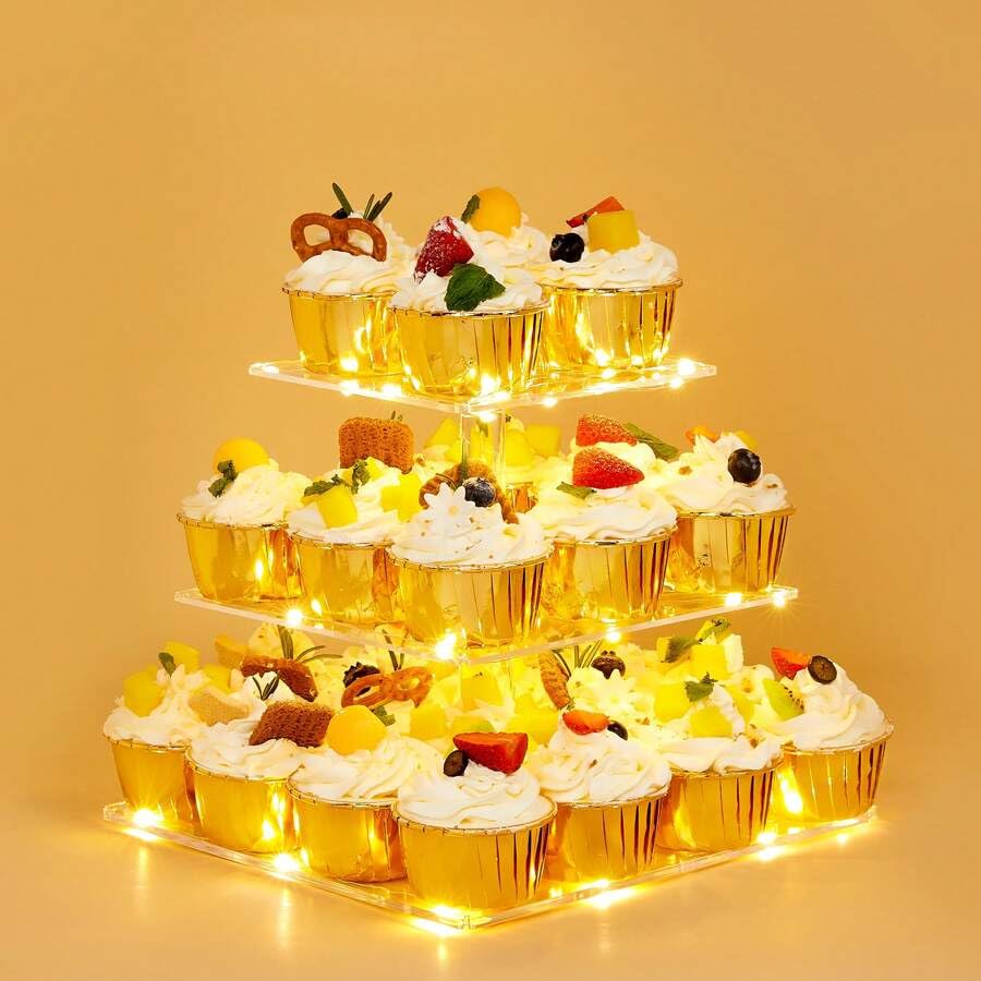 3 Etagen Cupcake Ständer, Gelb LED Lichterkette de Tortenständer Acryl für Hochzeit, Party, Geburtst
