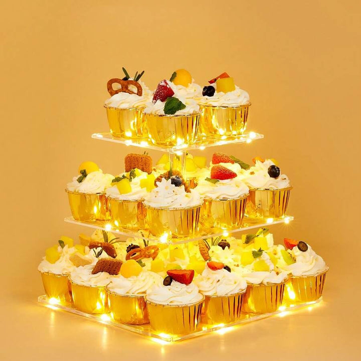 3 Etagen Cupcake Ständer, Gelb LED Lichterkette de Tortenständer Acryl für Hochzeit, Party, Geburtst