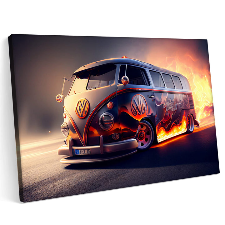 PRINTONIA Bilder Leinwandbild 120x80cm VW Volks Wagen T1 Gurke VAN Auto Abstrakte Kunst Kunst Neon
