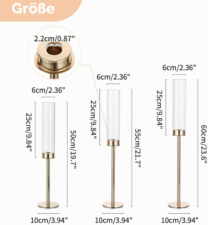Nuptio Glaszylinder für Kerzen Kerzenhalter Gold: 60 &amp; 55 &amp; 50cm Gross Klarglas Metall Kerzenständer
