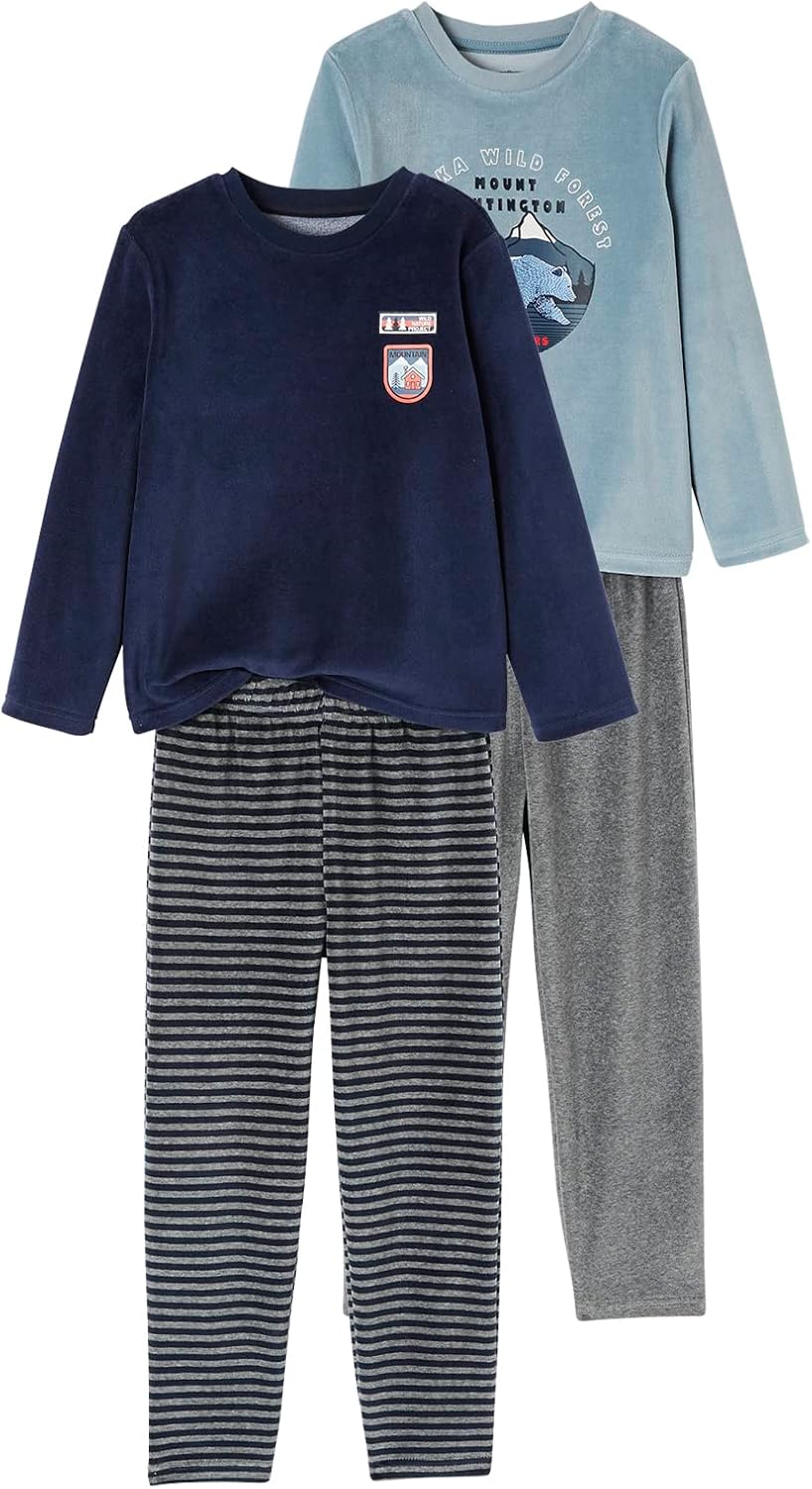Vertbaudet VERTBAUDET2er-Pack Jungen Samt-Schlafanzüge, Natur Basic Bleu 98-104, Bleu 98-104