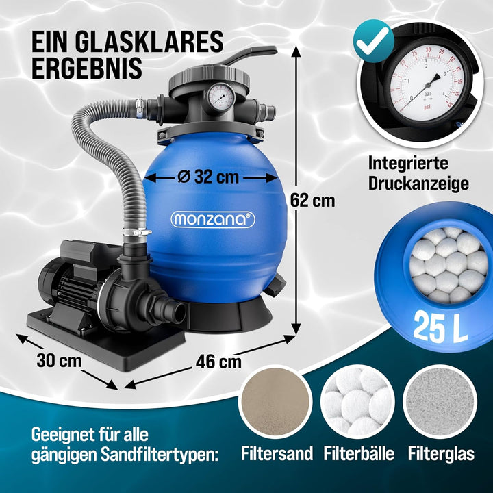 Monzana Sandfilteranlage Pool Selbstansaugend 10.200L/h 450 Watt 2in1 Adapter Ø32mm - 38mm 4Wege Ven